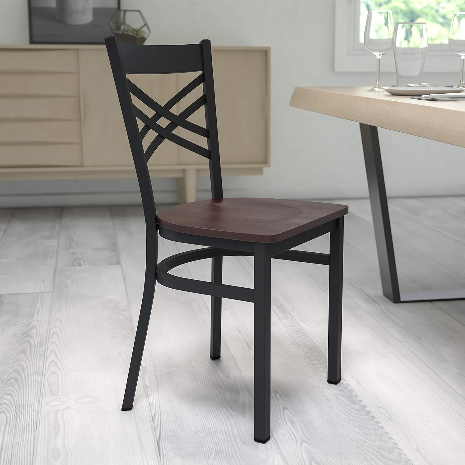Flash Furniture 2 Pack HERCULES Series Black ''X'' Back Metal Restaurant Chair - Walnut Wood Seat