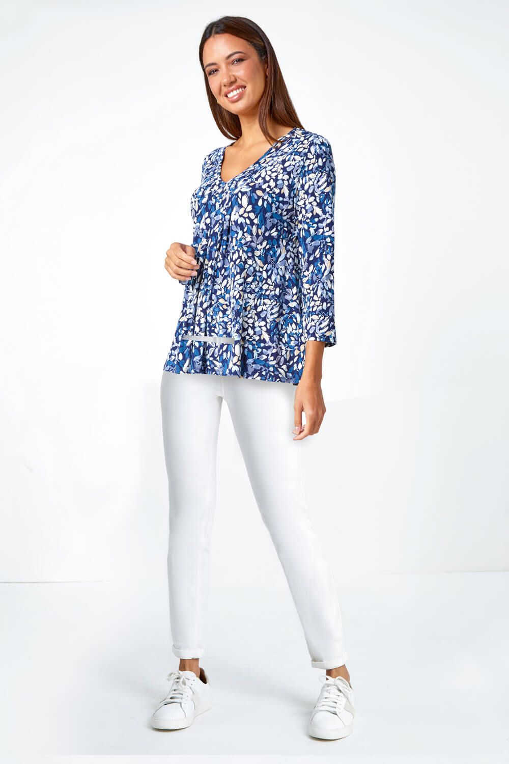 Roman Leaf Print V-Neck Pintuck Tunic Swing Top