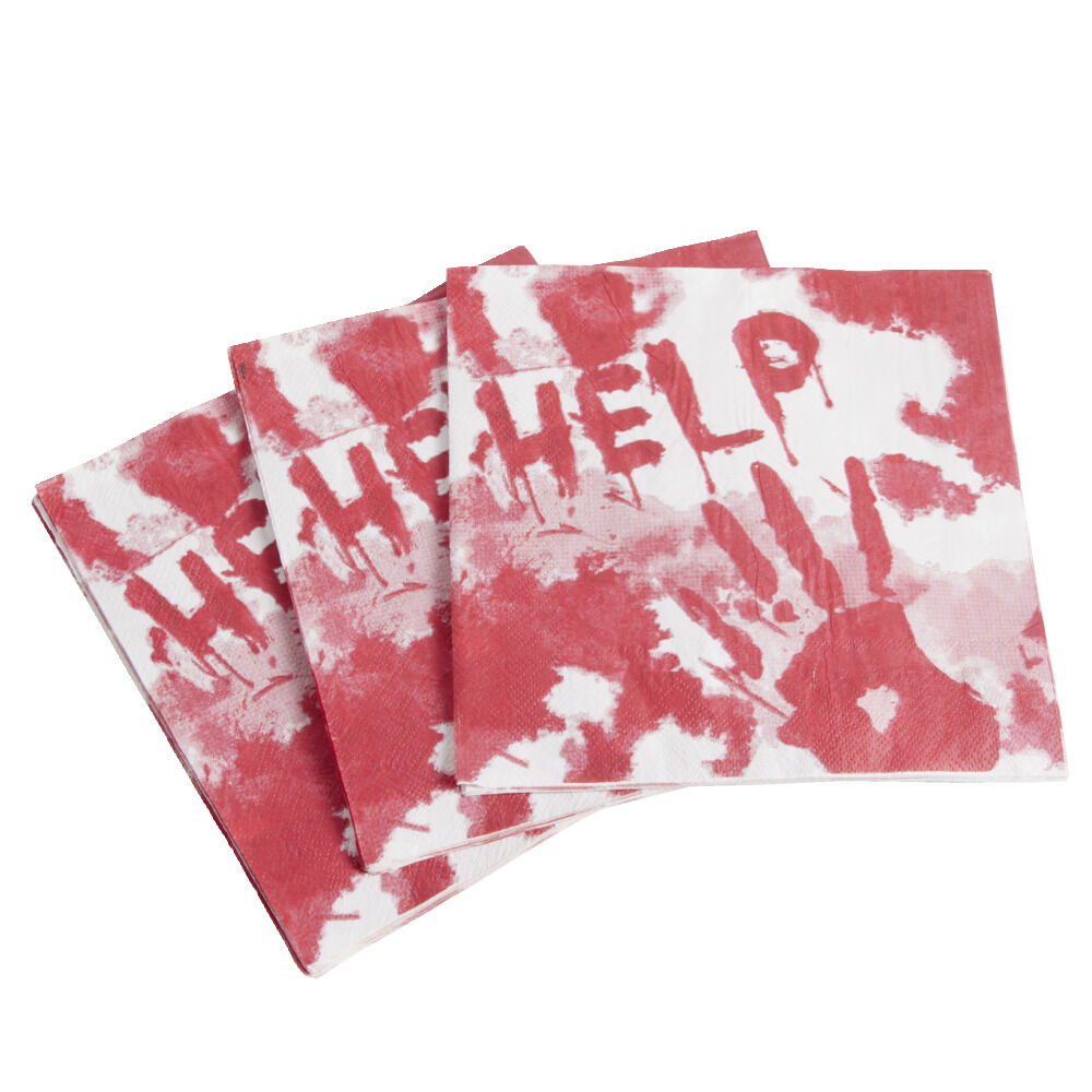 Serviette de table Halloween main ensanglantée HELP rouge et blanche x20