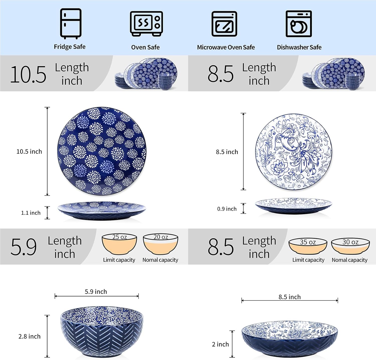 Selamica Dinnerware Sets 16 Piece, Ceramic Plates and Bowls Set, Embossed Dishes Set for 4, Housewarming, Dark Blue
