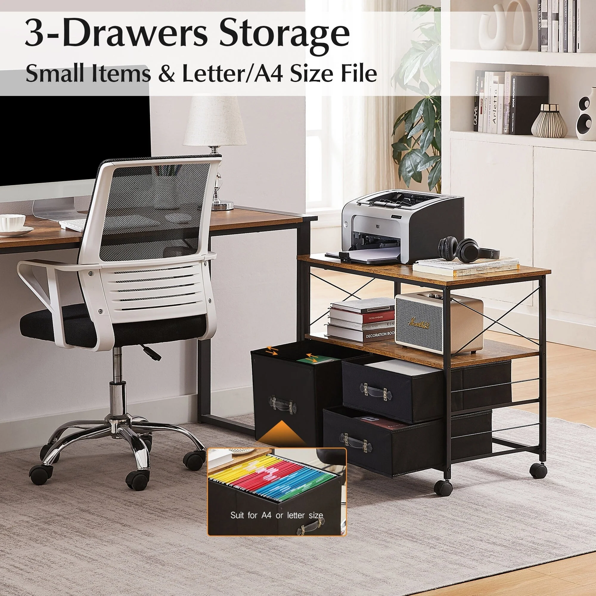 Javlergo 3-Drawer Mobile File Cabinet, Lateral Mobile Printer Stand with Open Storage Shelf