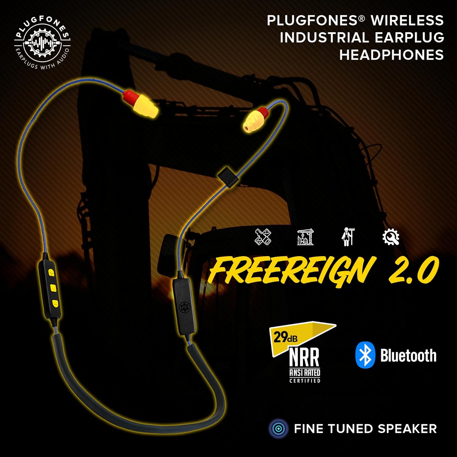 Plugfones FreeReign Volume Limited Wireless Bluetooth in-Ear Earplug Earbuds - Noise Reduction Headphones with Noise Isolating Mic and Controls, Blue & Yellow