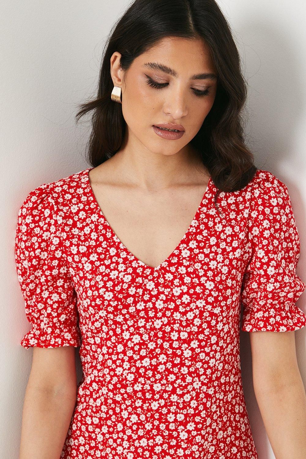 Dorothy Perkins Red Ditsy V Neck Short Sleeve Jersey Midi Dress
