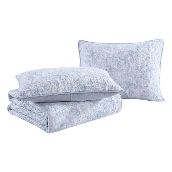 Tommy Bahama Distressed Water Leaves Blue Cotton Reversible Quilt Set