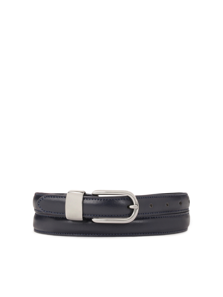 Narrow navy blue belt with silver buckle
