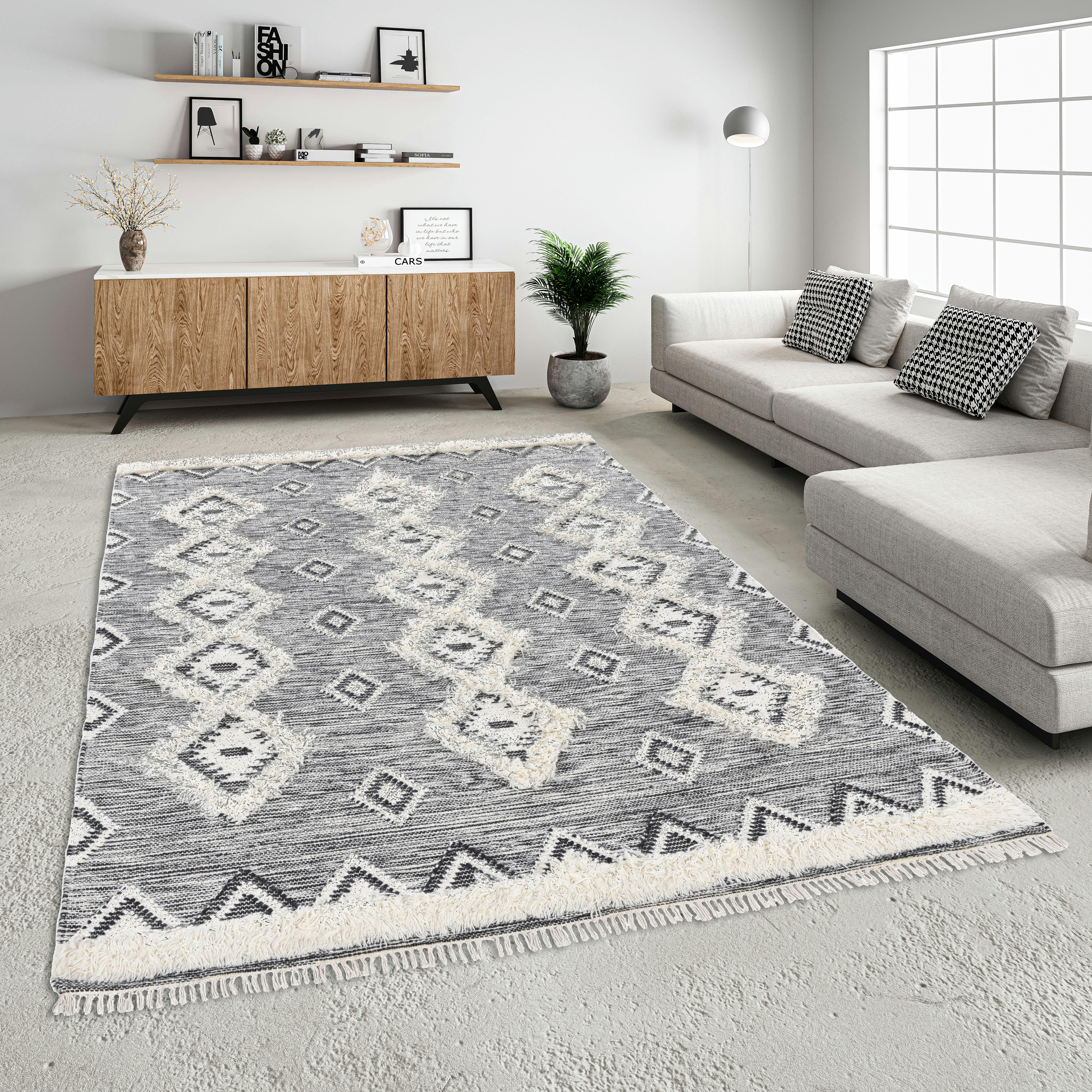 MORA - Tapis bohème chic tissé main noir / blanc 70x140 cm