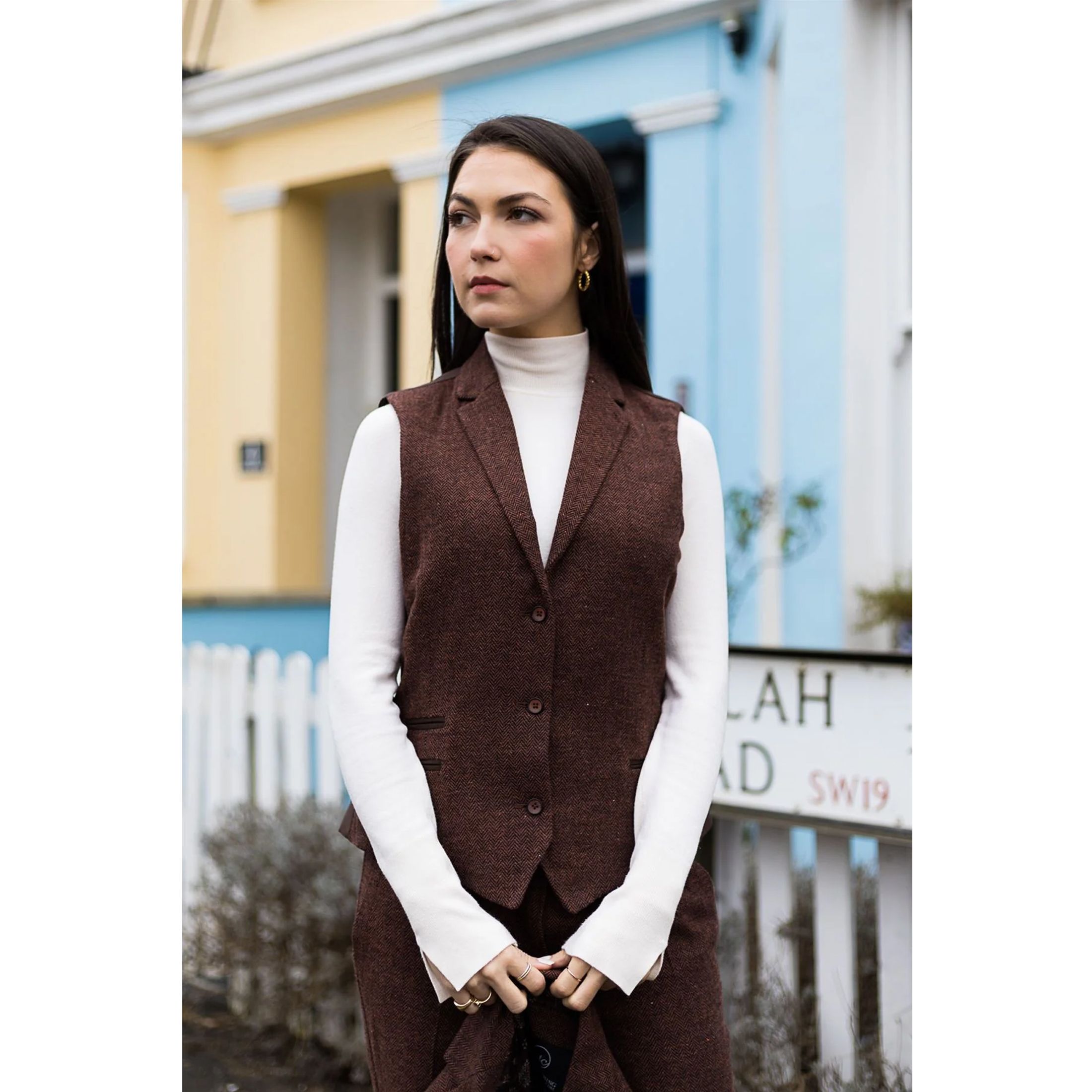 Infinity Leather Women's Herringbone Wool Tweed Check Waistcoat