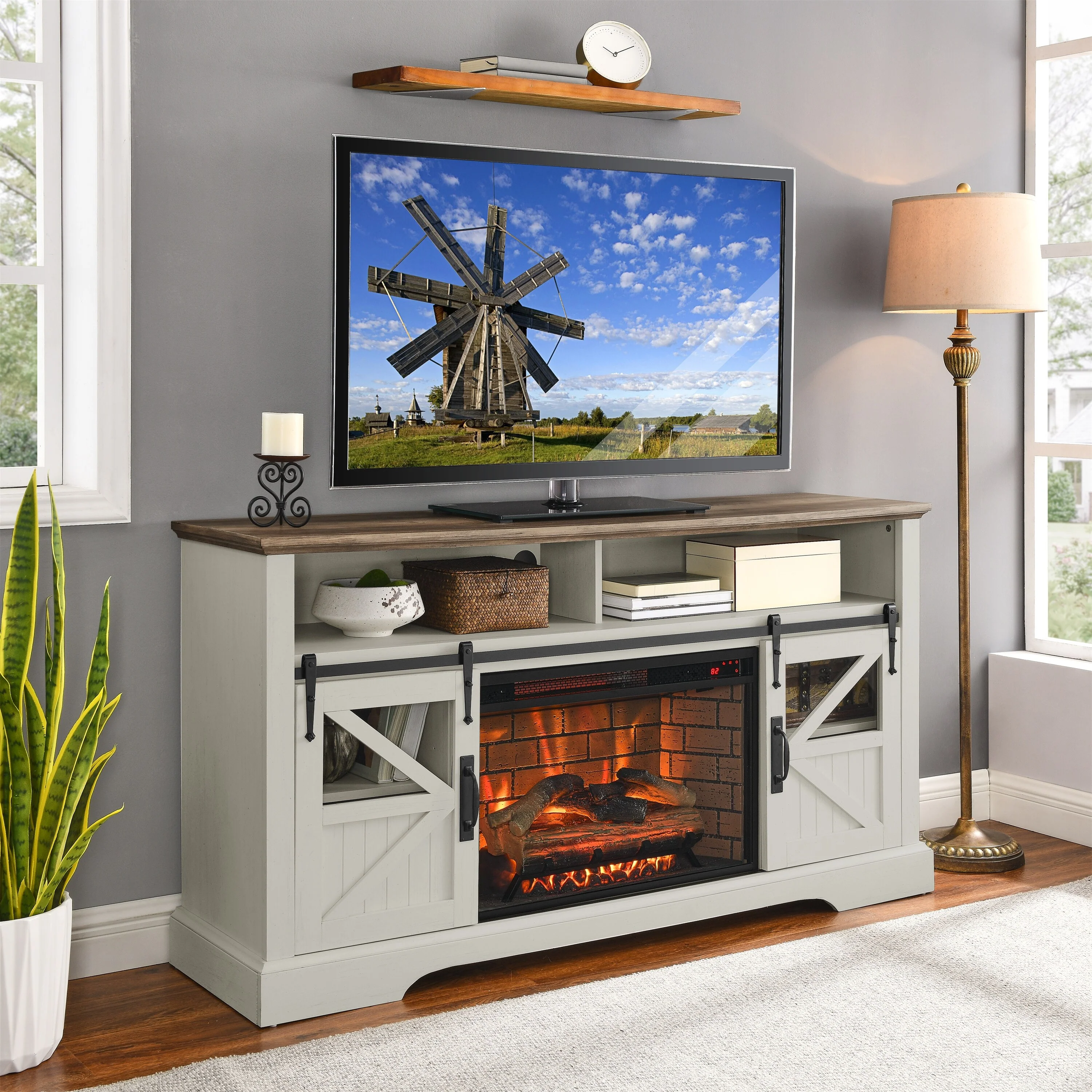 Jasmine White 60 Fireplace TV Stand with Remote & Safety Protection for TVs Up to 70
