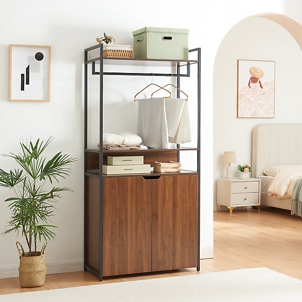 Ensemble de 2 portants à vêtements Larem armoire 2 tiroirs 6 compartiments noir effet noyer en.casa