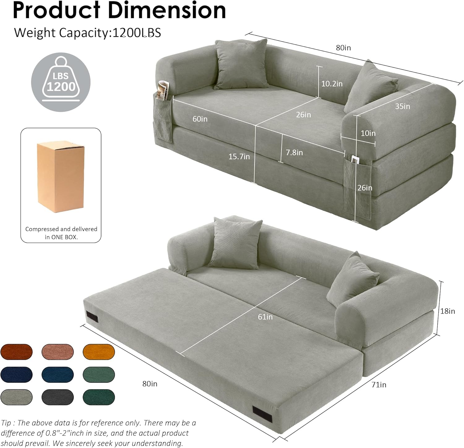 80 Convertible Sofa Bed, Corduroy Deep Seat Folding Pull Out Couch with Pillows, No Assembly Modern Boneless Couch Compression Sofa in Box, Floor Sofa with Storage Pocket for Living Room,Light grey