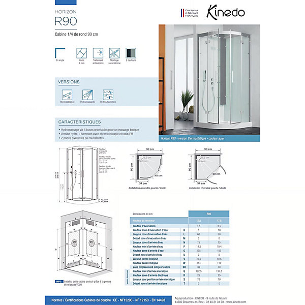 Cabine hydromassante KINEDO HORIZON 90x90 1/4 de rond hauteur receveur 17,5cm 2 portes coulissantes finition acier