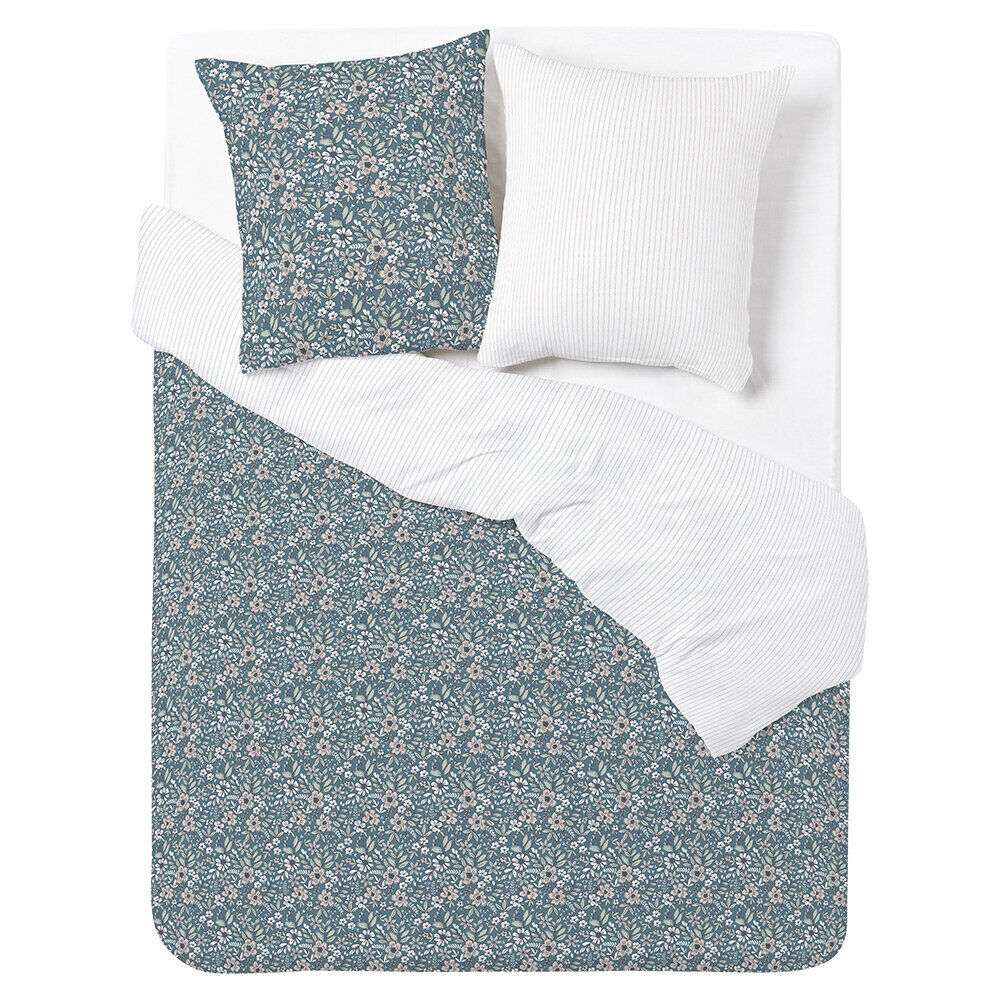 Parure de lit 2 personnes 240x220cm réversible motif floral vert et blanc