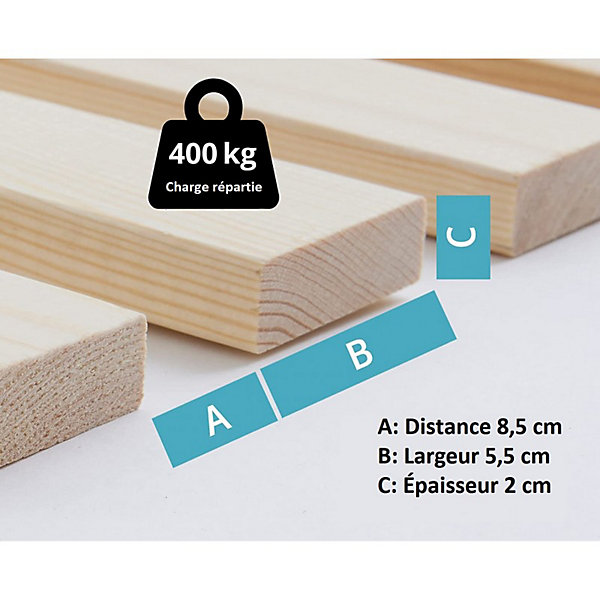Lattes sans cadre 90x200cm 23 lattes en bois massif pour soutien ferme avec sangle enroulé