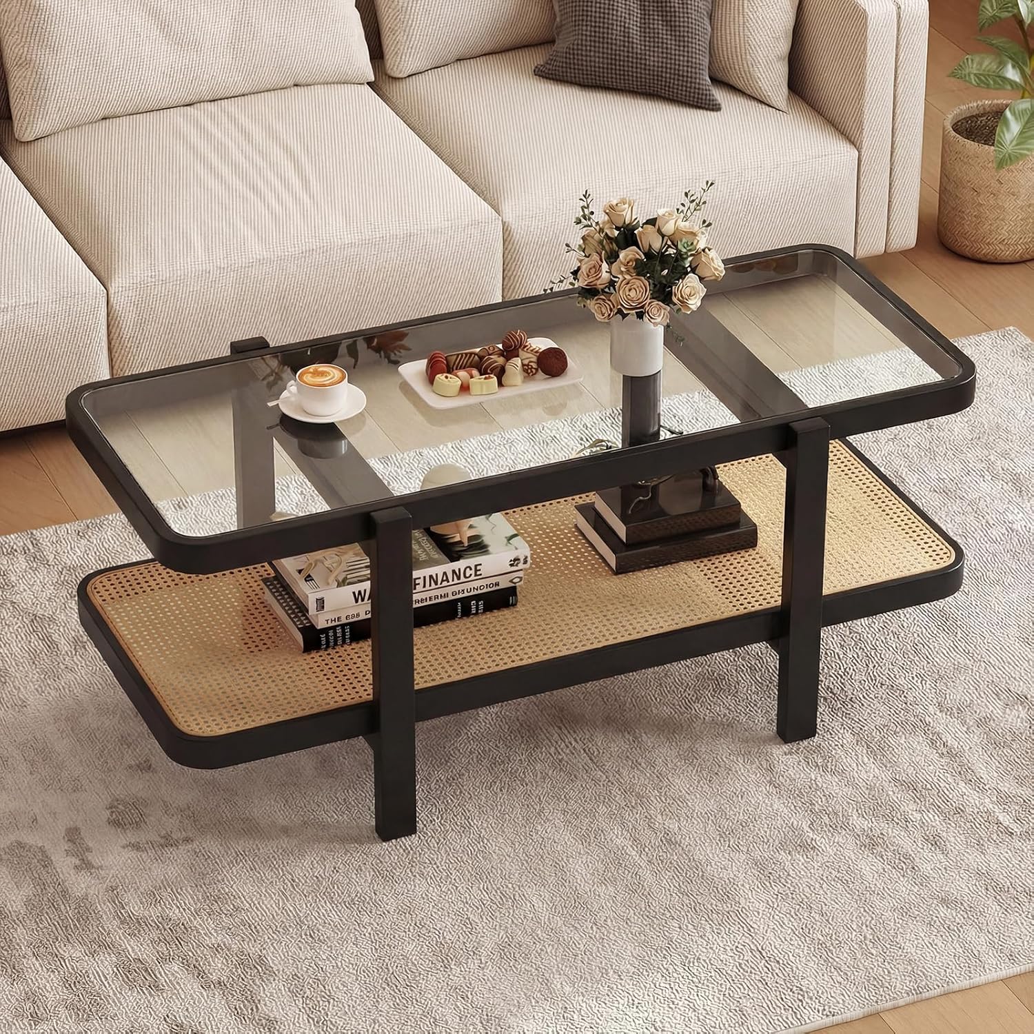 Giantex Rattan Coffee Table, 47.5 Rectangle Solid Wood Tea Table w/Tempered Glass Tabletop, Rattan Storage Shelf, 2-Tier Boho Coffee Tables, Farmhouse Center Table for Living Room (Black)