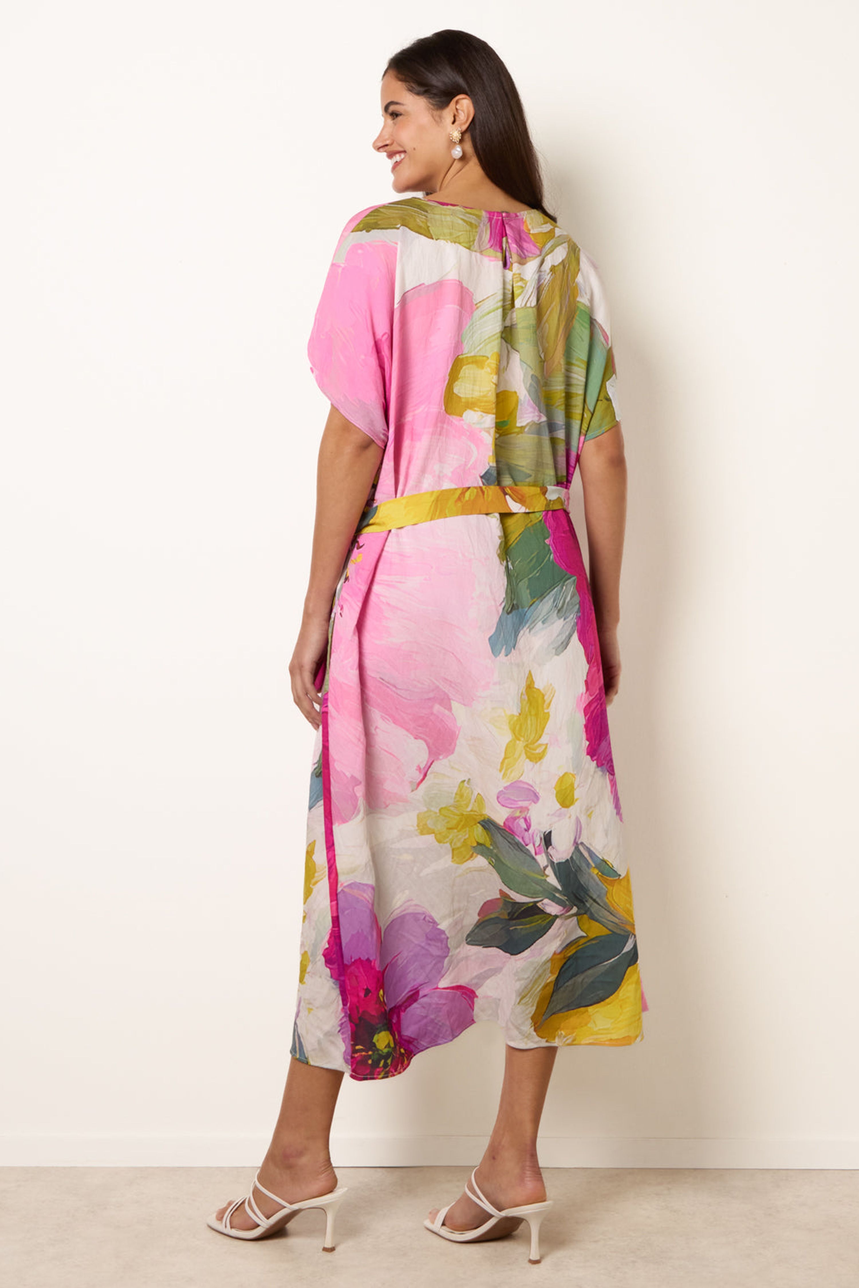 Blue Vanilla Pink Painterly Floral Tie Waist Midi Dress