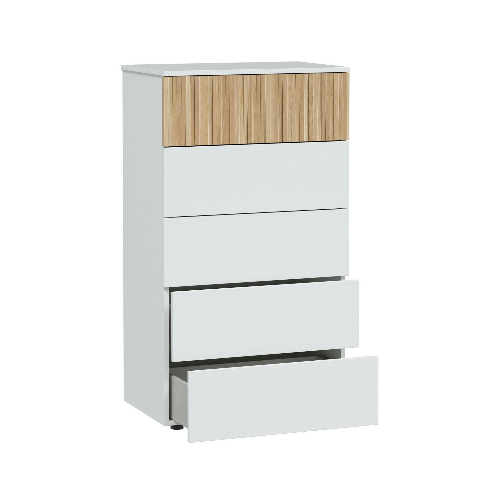 DORIG - Commode 5 tiroirs effet bois blanc et chêne