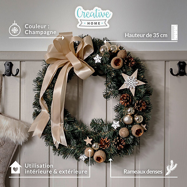 Creative Home Couronne de Noël Champagne - Diamètre 35 cm - Decoration Noel Exterieur - Couronne de Noel Porte - Décoration Noel