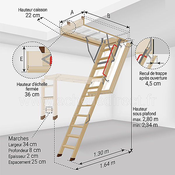 Echelle escamotable bois - Trémie de 70 x 120cm - Hauteur de 2.34 à 2.80m - LWT70120-2
