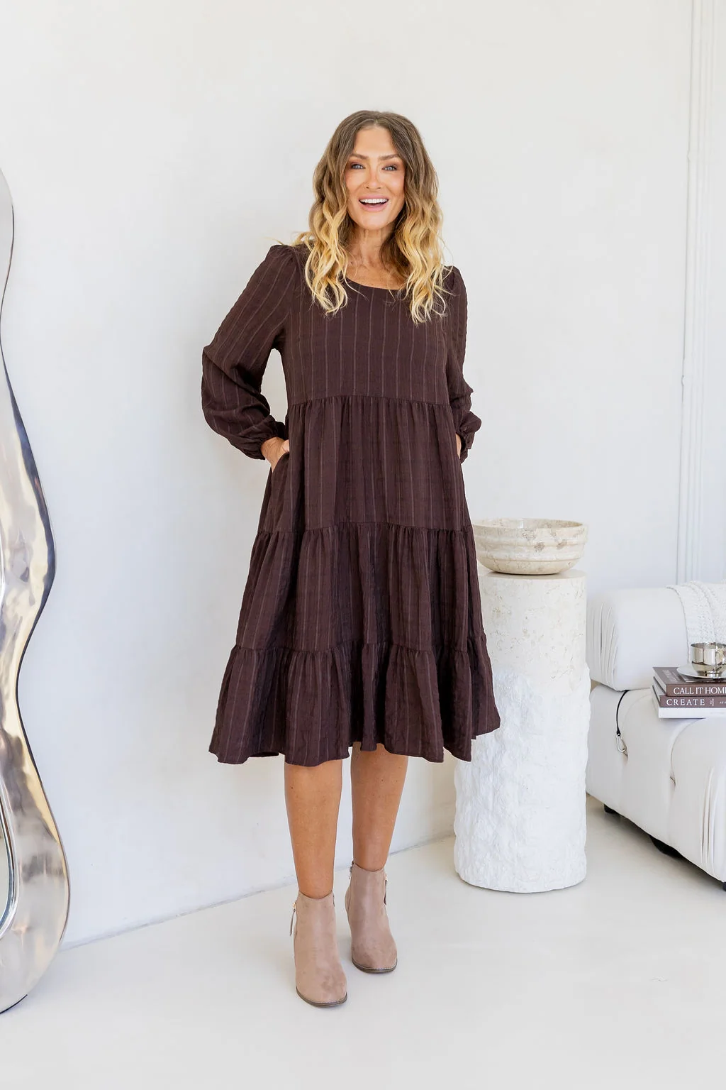 Long Sleeve Greta Midi Dress in Chocolate