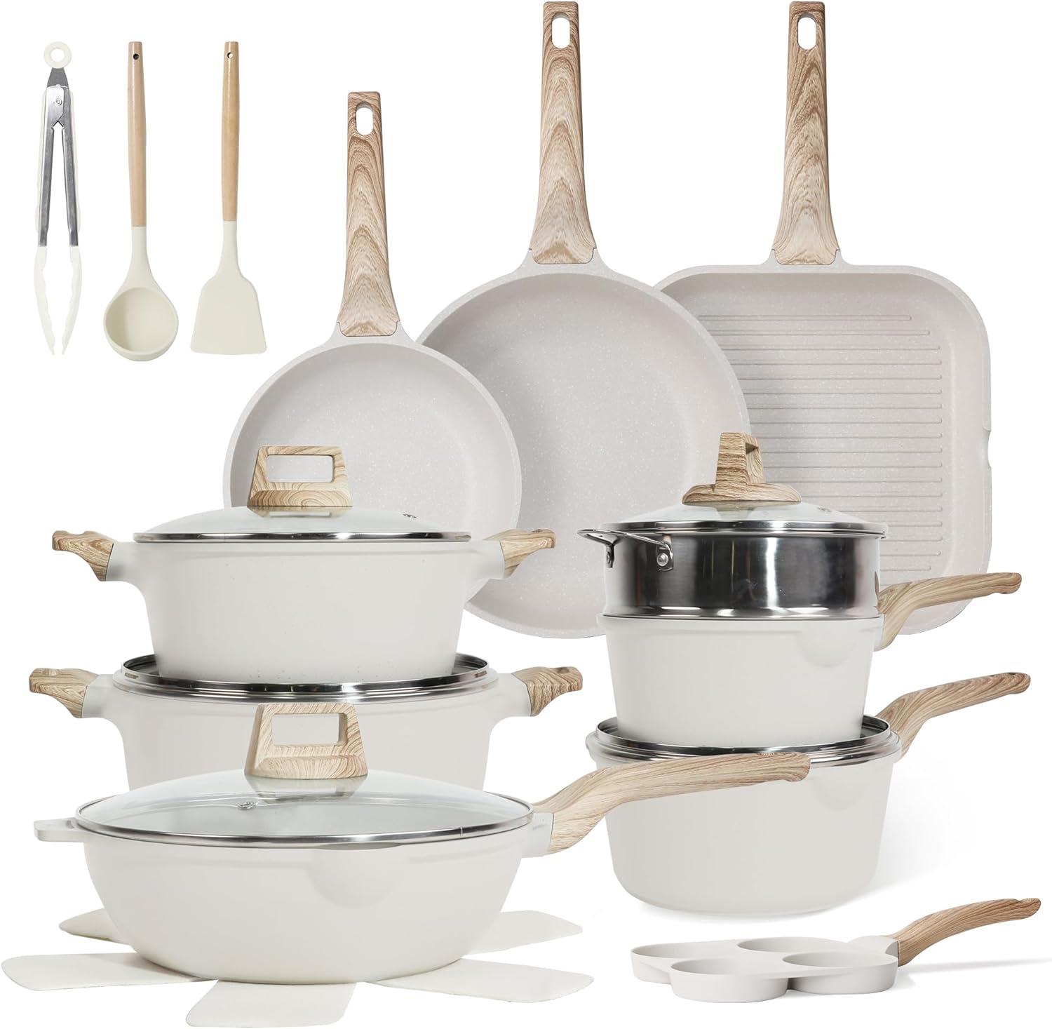 23Pcs Pots and Pans Set Non Stick, Kitchen Cookware Sets, Granite Induction Cookware Non Stick Cooking Set w/Frying Pans, Saucepans, Griddle, EggPan (White)