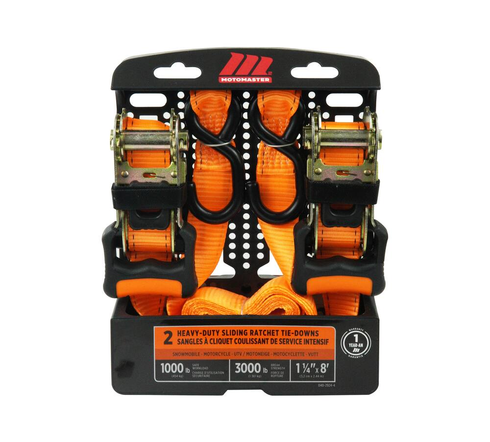 MotoMaster 3,000-lb Heavy-Duty Sliding Ratchet Tie Down Straps, 1.25-in x 8-ft, 2-pk