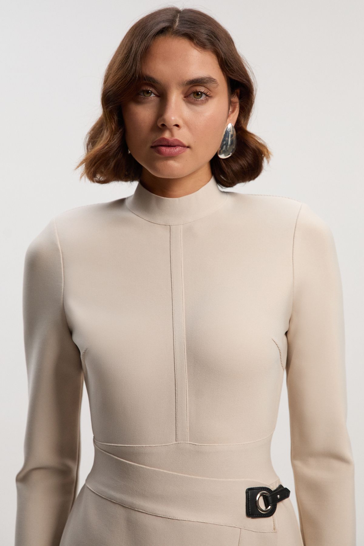 KarenMillen Tall Figure Form Bandage Asymmetric Long Sleeve Knit Midi Dress