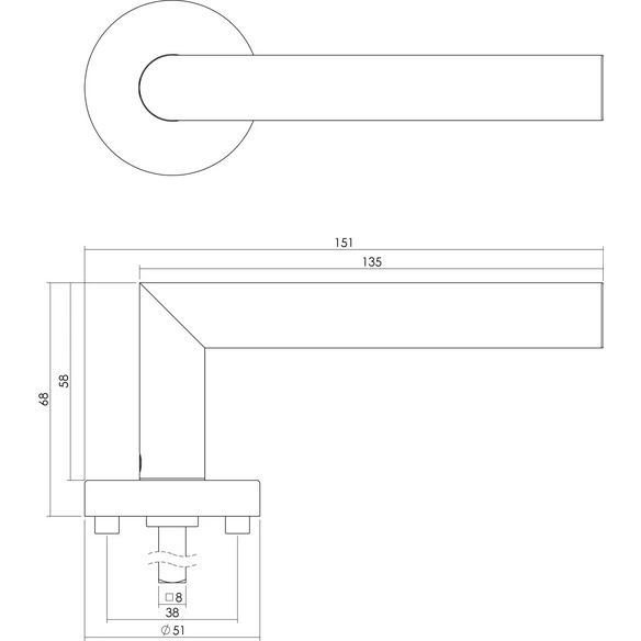 Türdrücker, D.50x10 mm BB-Rosetten Recht 90 Grad