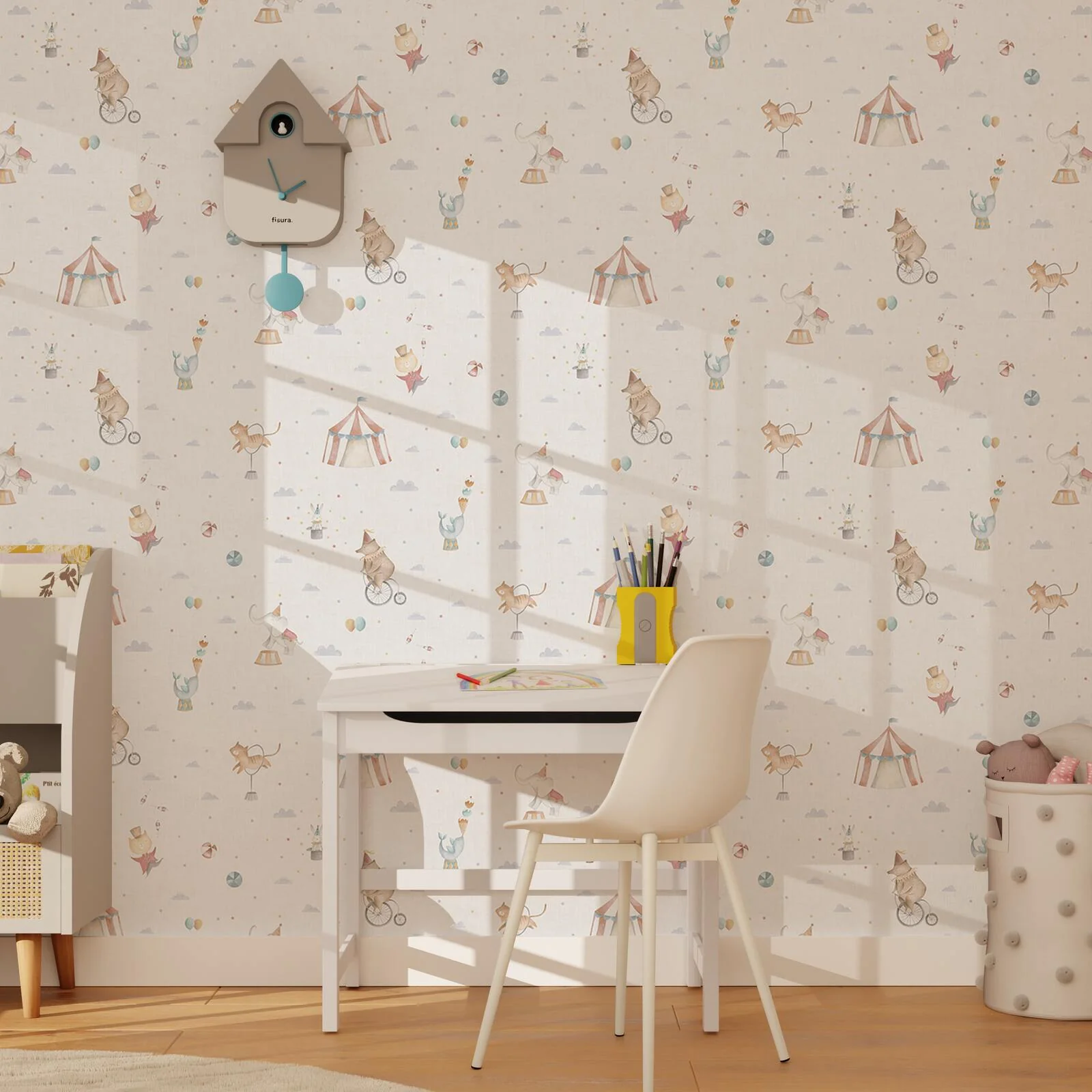 Papier peint intissé CIRCUS coloris blanc et bleu grisé