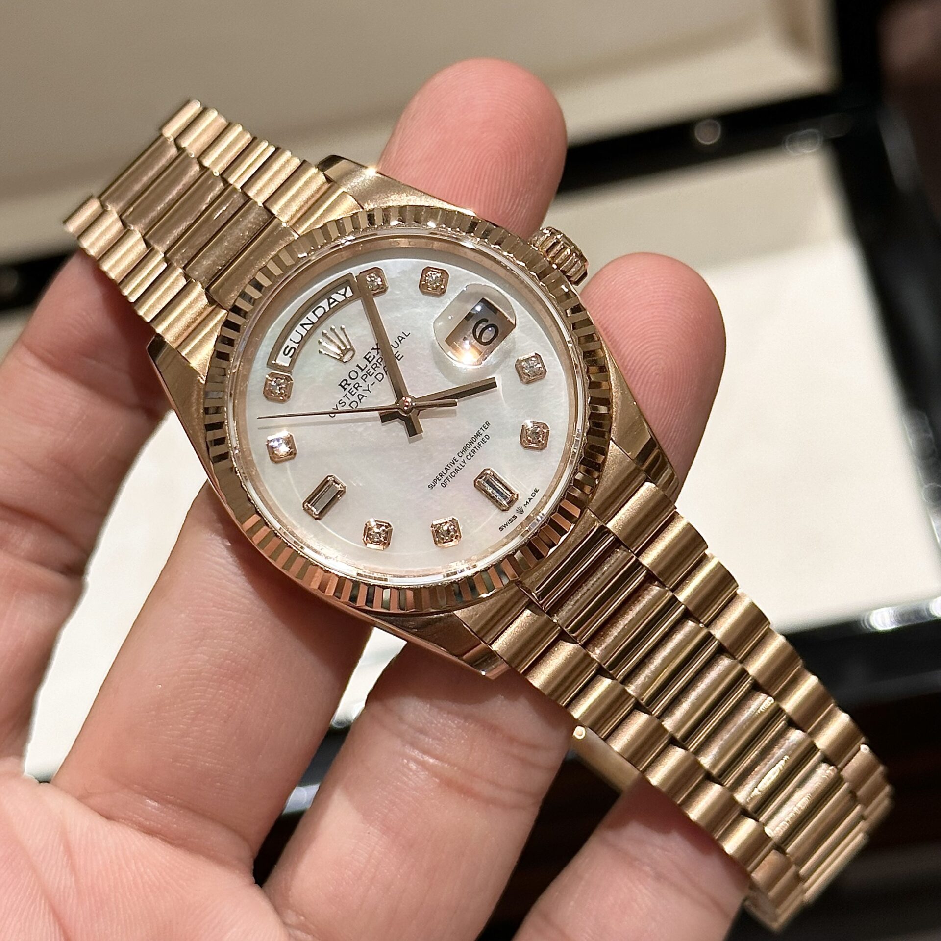 Rolex Day-Date RG Plated MOP Dial CZ Diamonds 36mm EWF Replica