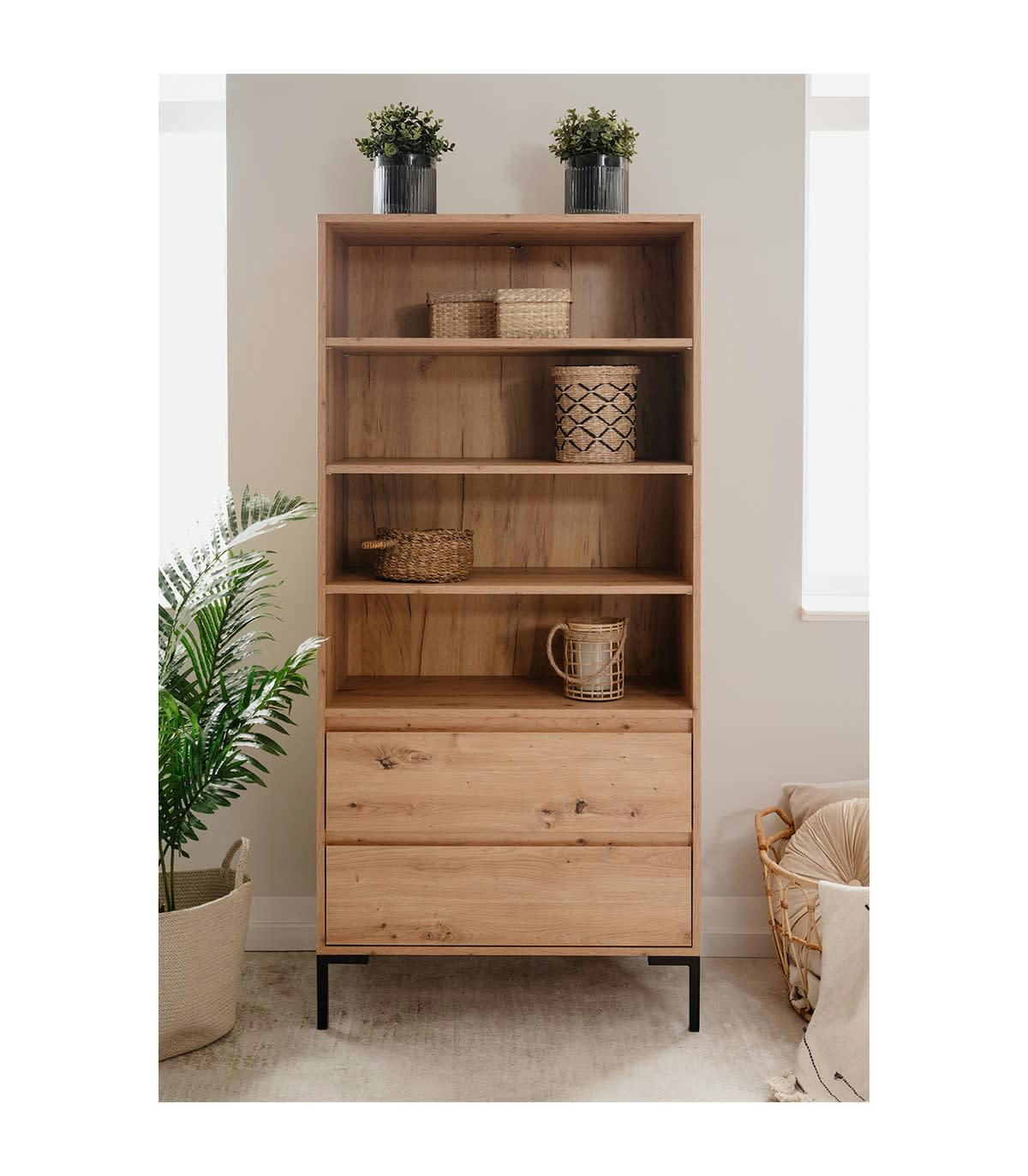 PIANA - Buffet Haut 2 Tiroirs - Décor Bois Clair - L77,5 x H165 cm