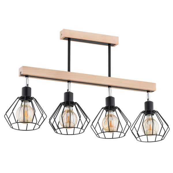 Lampa wisząca jasne drewno-czarna-chromowana PILAR 4xE27x15W Alfa