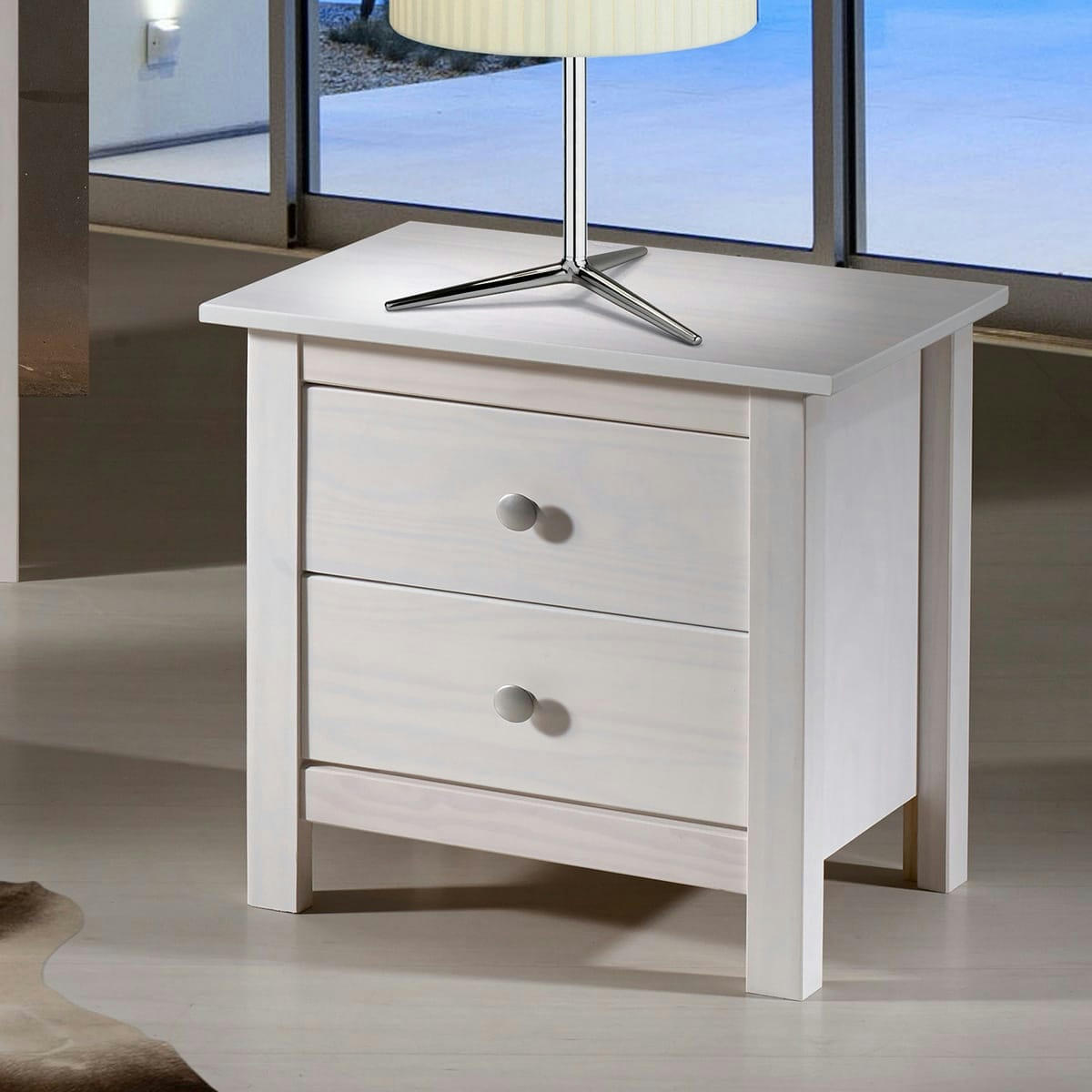 ELTON - Table de chevet 2 tiroirs en pin massif blanc