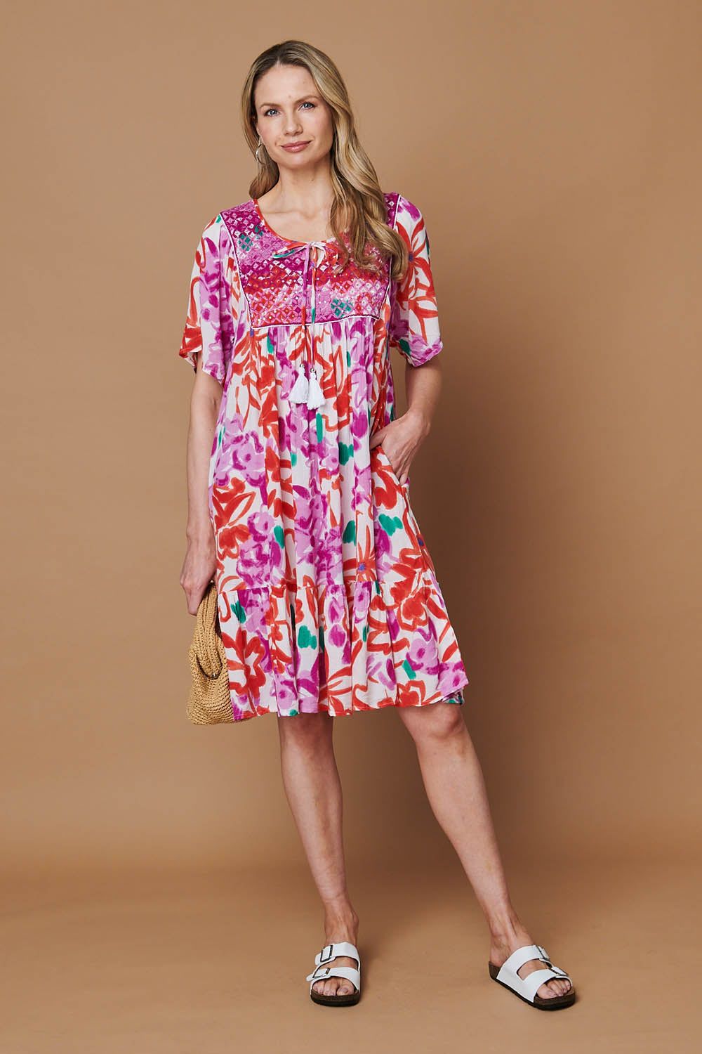 Izabel London Printed Tassel Knee Length Smock Dress