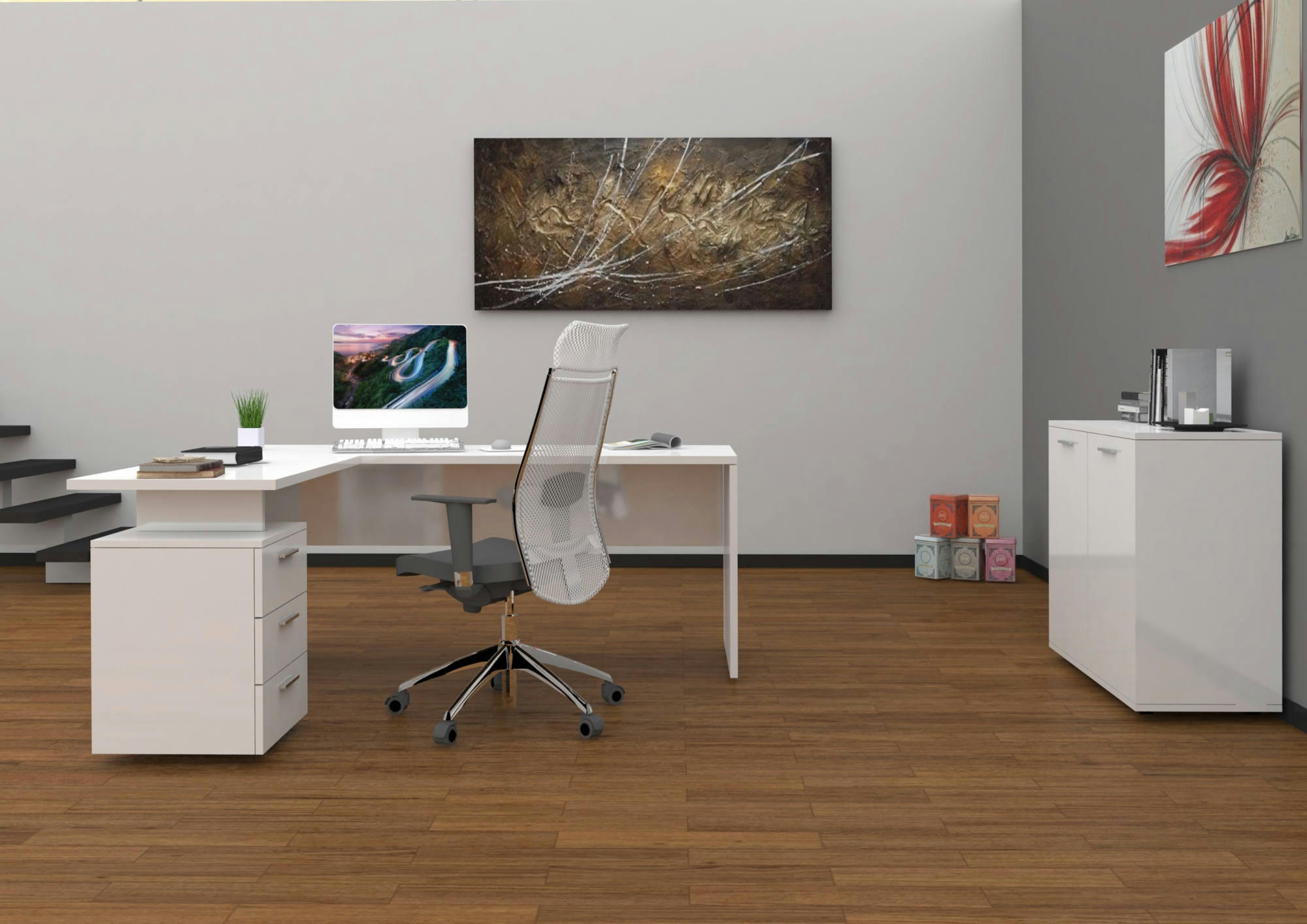 - Bureau d'angle effet bois blanc brillant