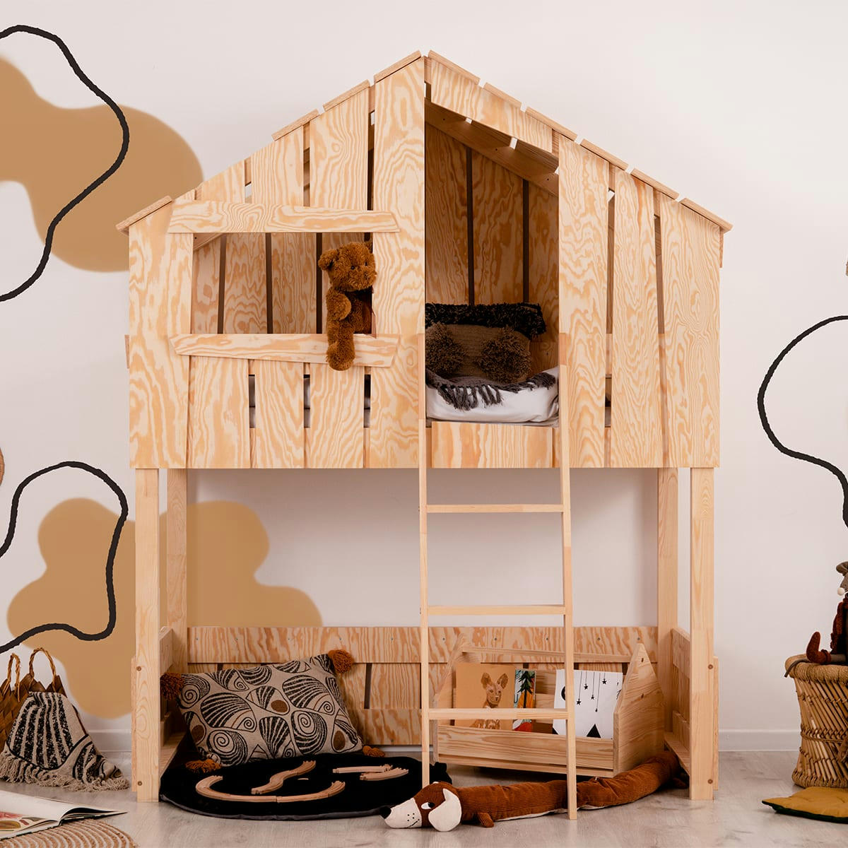 TYLER - Lit cabane mi-hauteur 90x190 sommier inclus naturel