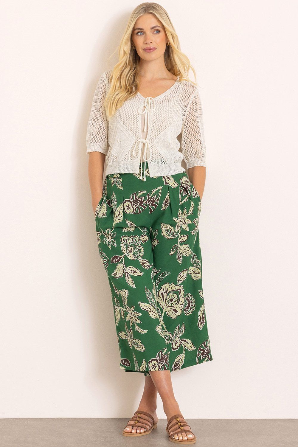 Klass. Open Knit Tie Front Short Sleeve Cardigan