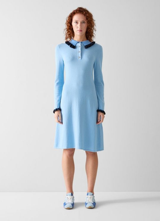 Tate Blue Cotton Frill Collar Knitted Dress