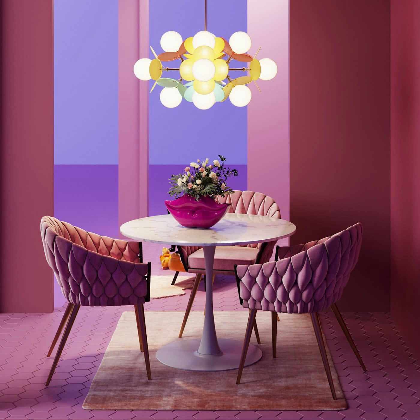 KNOT - Chaise avec accoudoirs en velours rose et acier doré