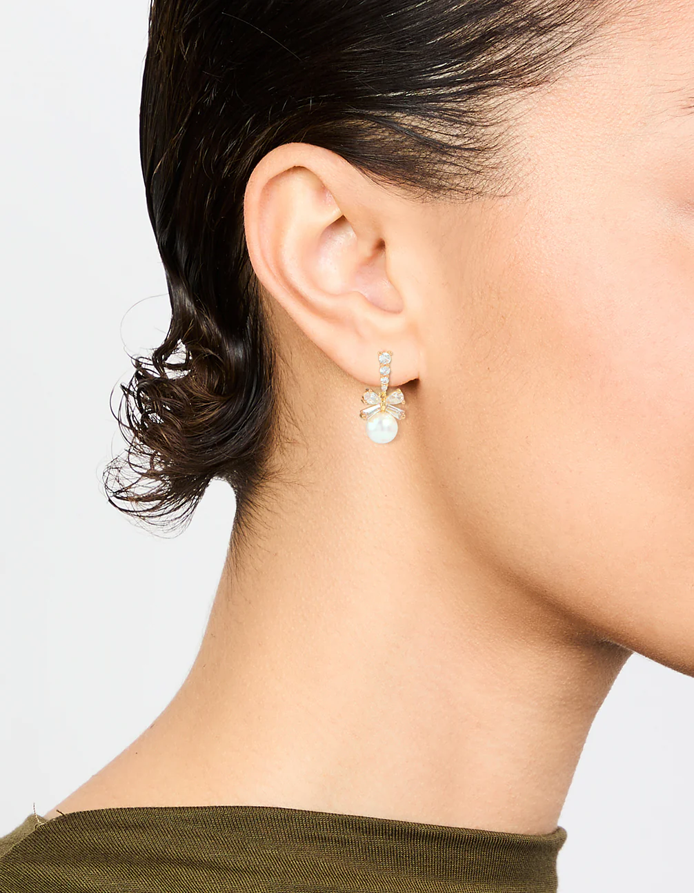 Gold Plated Cubic Zirconia & Pearl Bow Drop Earrings