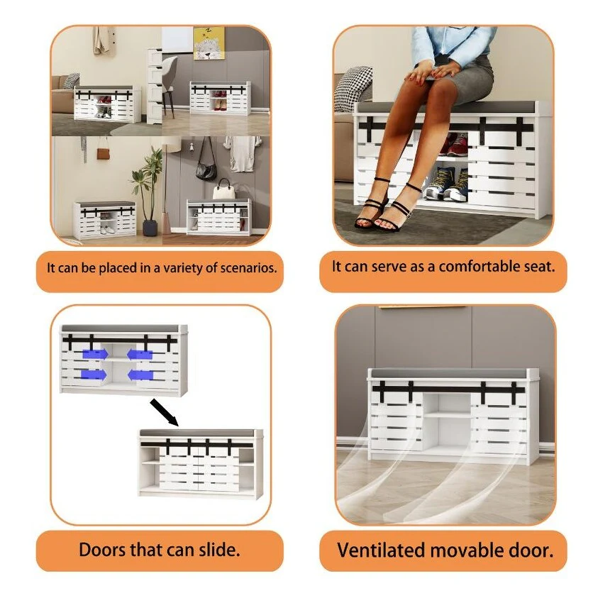 2-Tier Entryway Bench with 2 Sliding Barn Doors