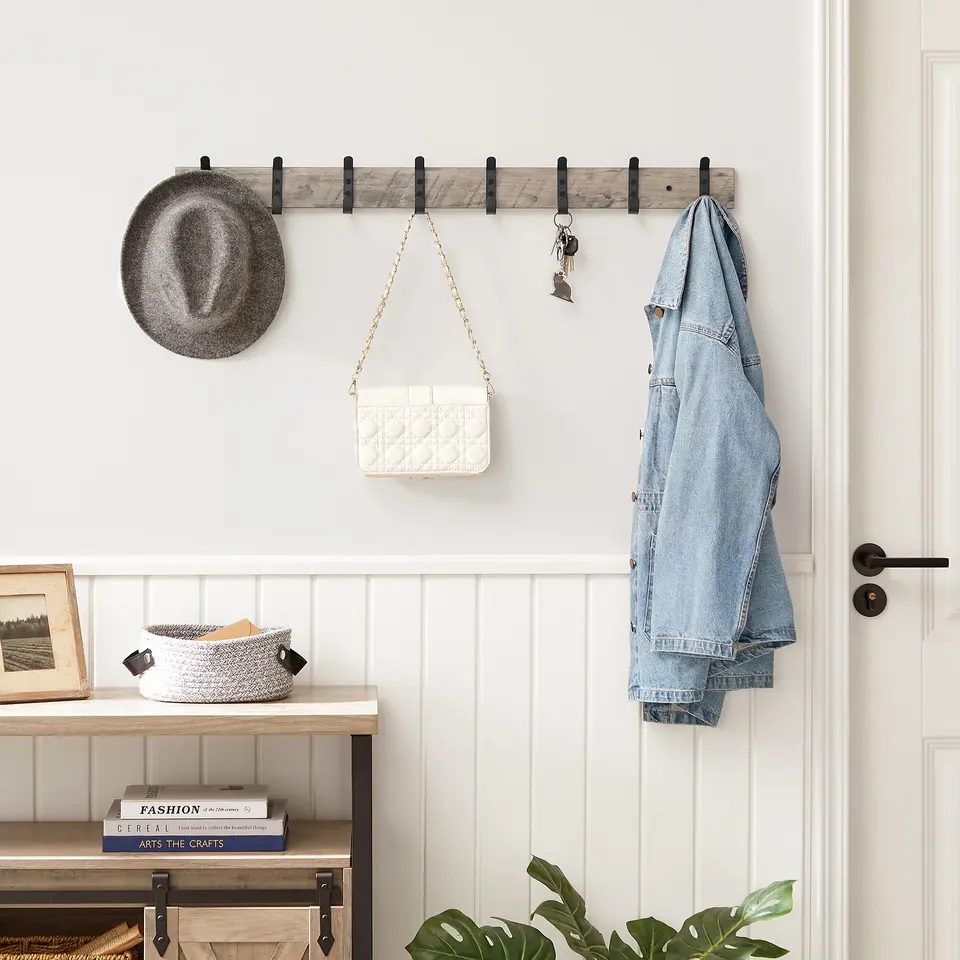 Lange Muur Kapstok - 8 Zwarte Haken - 88 cm - grijze Eik Kleur