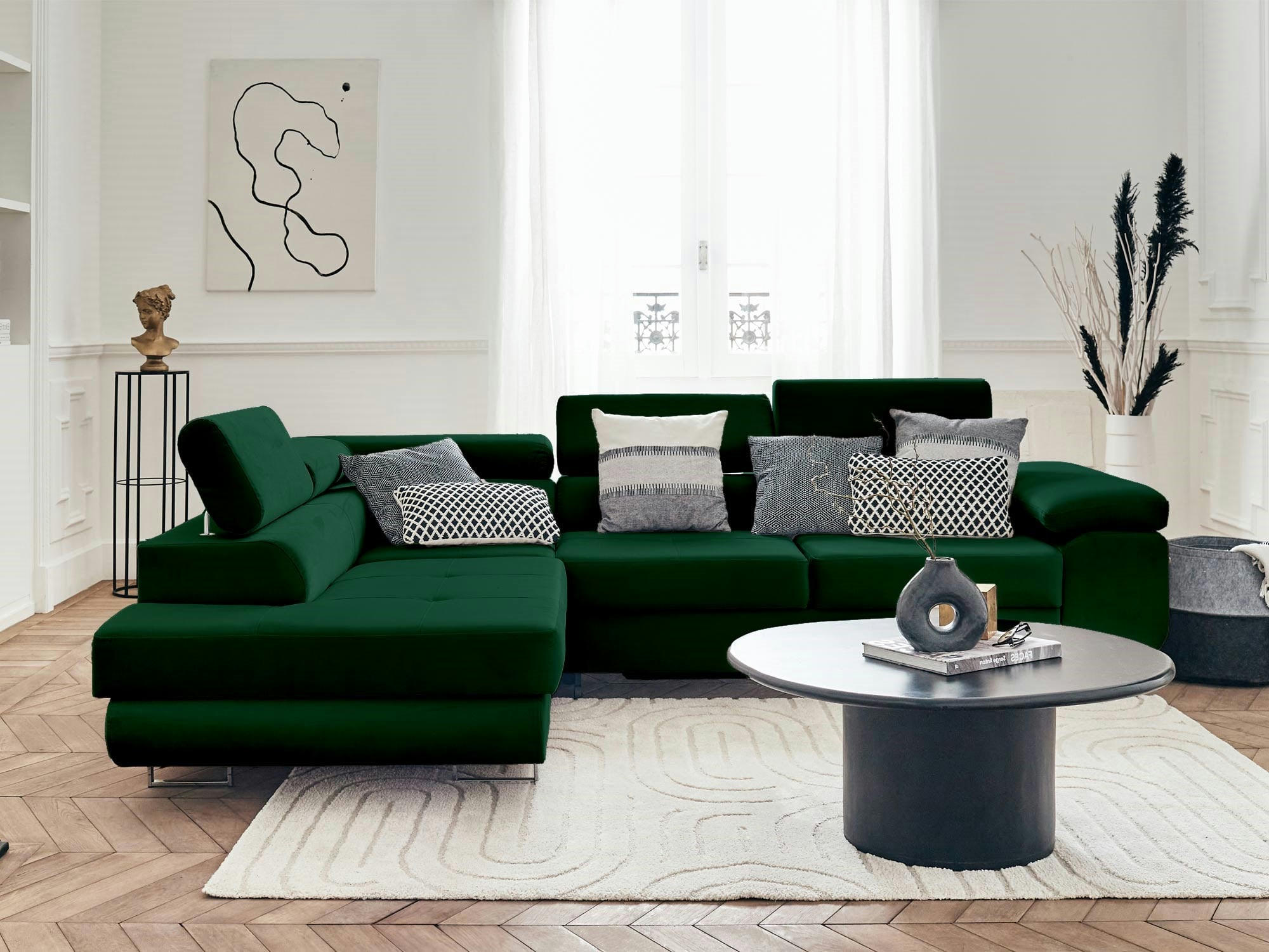 PABLO - Canapé d'angle gauche convertible 5 places en velours vert