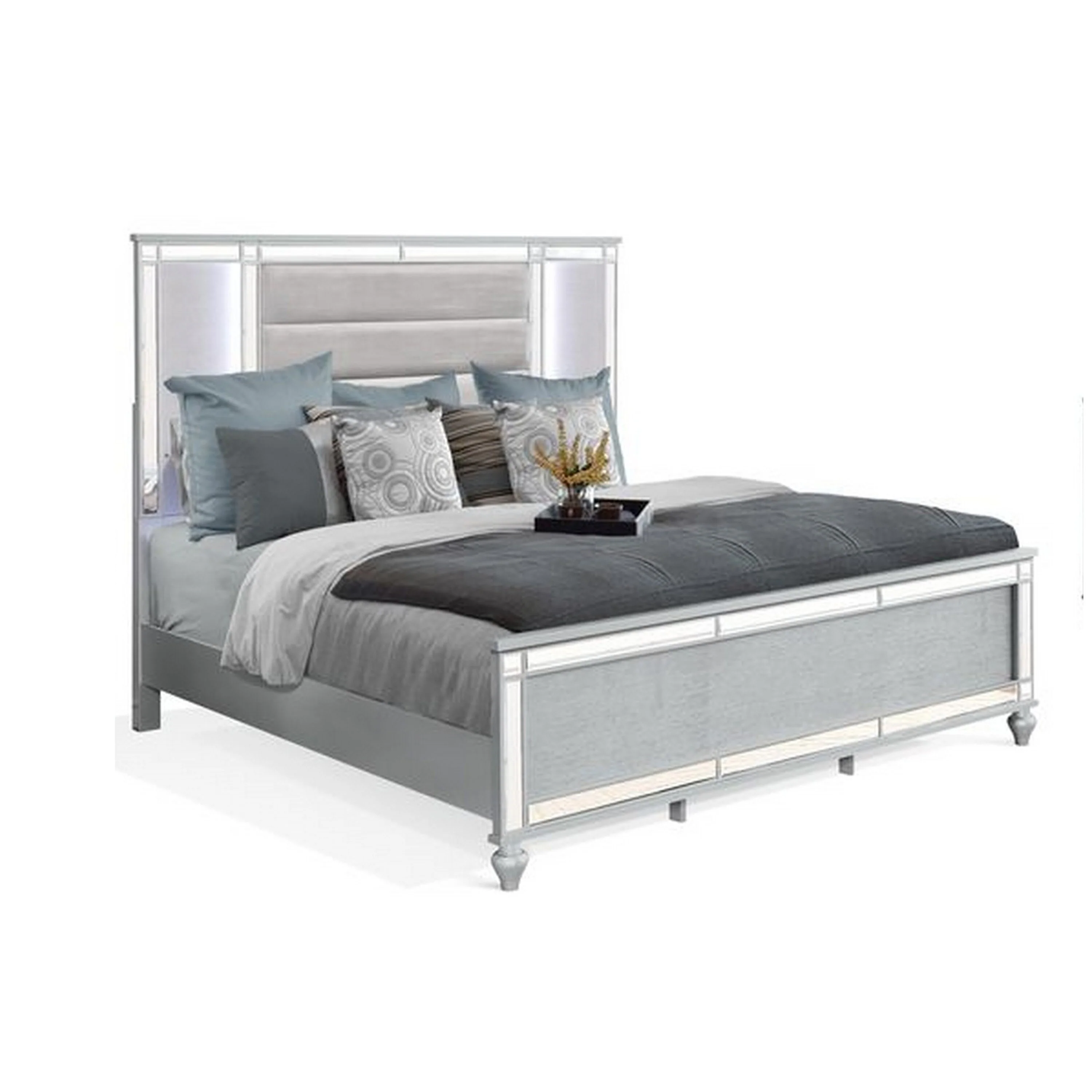 Lio 4pc King Bedroom Set with Nightstand, Dresser, LED Mirror, Silver