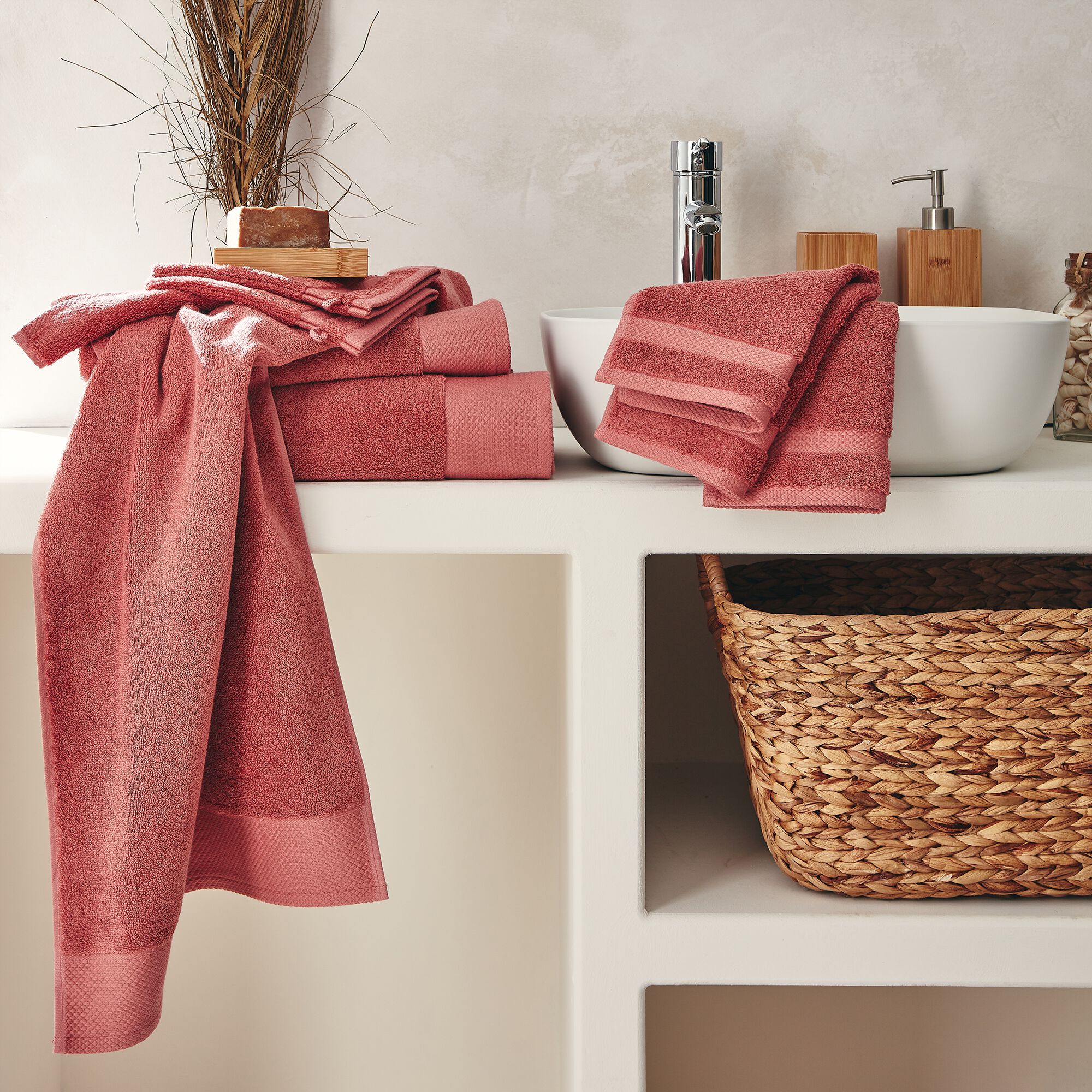 AZUR - Lot de 2 serviettes invités en coton peigné - rouge ricin 30x50cm