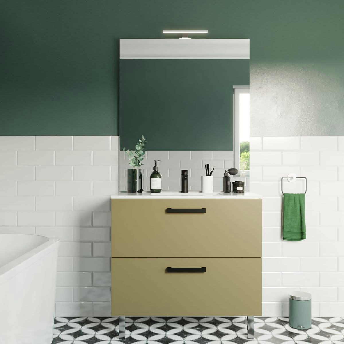 CHELSEA - Meuble salle de bain vasque intégrée 90cm 2 tiroirs Vert