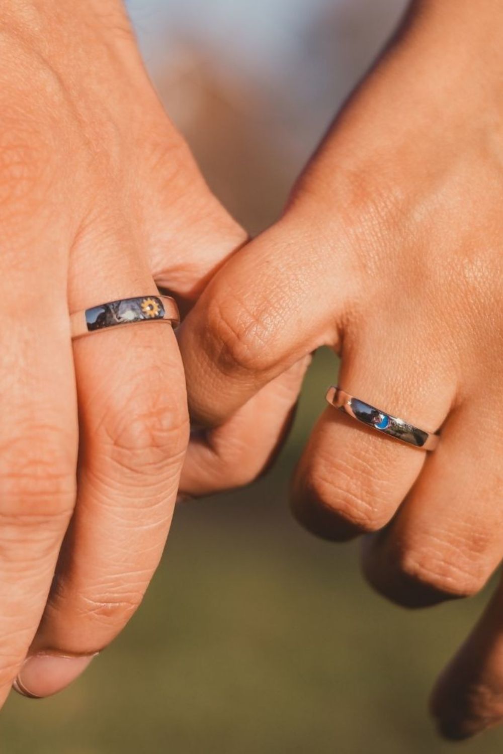 The Colourful Aura Adjustable Silver Couple Moon and Sun Matching Promise Ring set