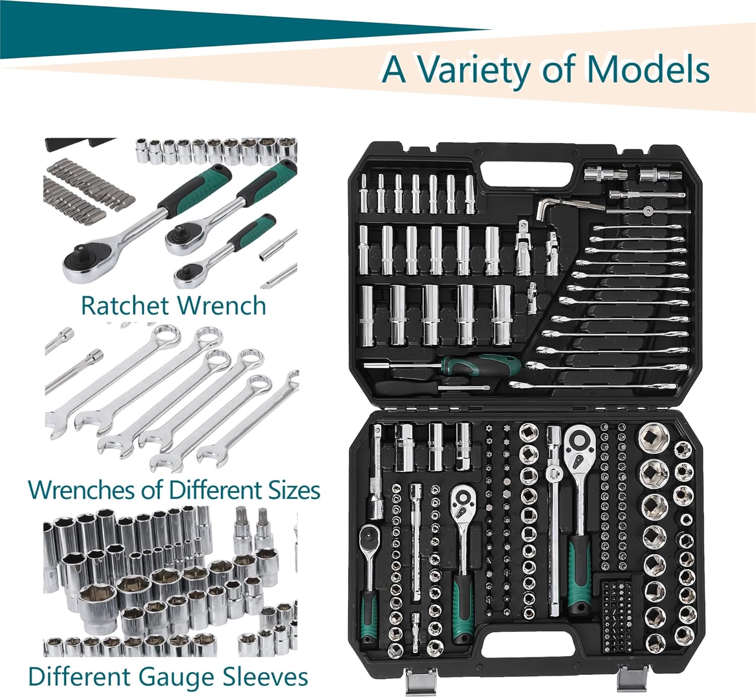216-Piece Mechanics Tool Set, 1/4, 3/8 & 1/2 Drive Socket Set, 72-Tooth Ratchet Wrench Set for Auto Repair & Home Maintenance, with Durable Organized Carrying Case