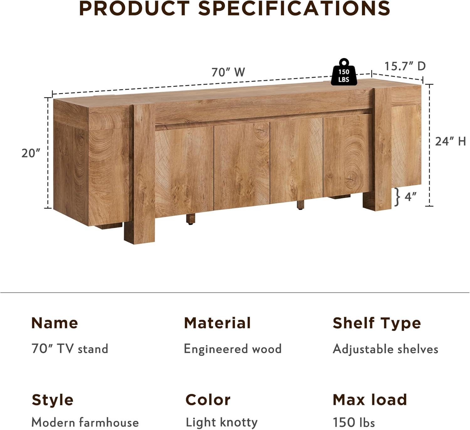 OKD Modern Farmhouse TV Stand, 70 Long Media Console Table with Storage Cabinet, Wooden Entertainment Center for Living Room, Light Knotty