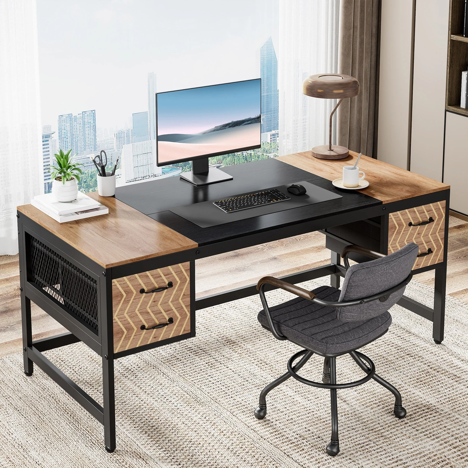 Modern Executive Desk, 63 Inches Computer Desk with 4 Storage Drawers