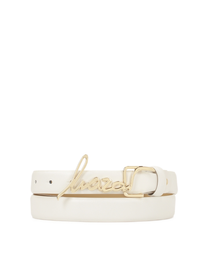 White leather belt with logo buckle